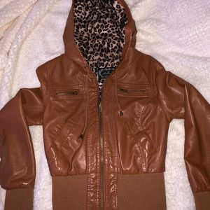 Brown Leather Jacket w/Cheetah Print